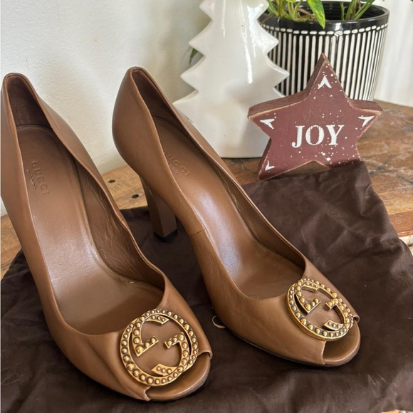 Gucci | Shoes | Gucci Brown Leather Gg Peep Toe Pumps Size 39 2